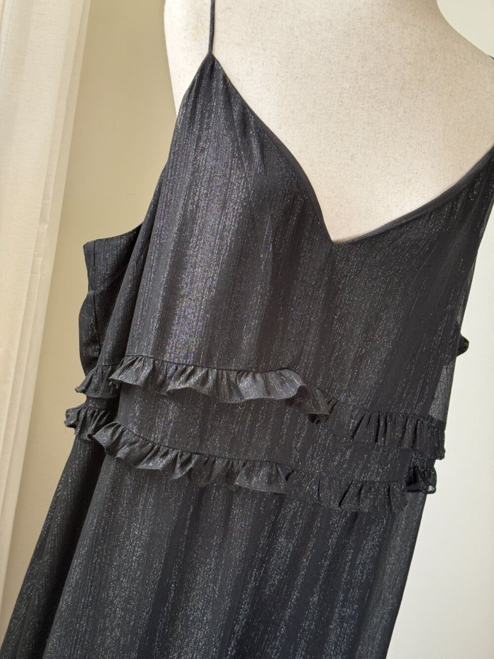 Madewell Plus Size 22 Black Metallic Ruffle Midi Dress Spaghetti Strap Tiered - Picture 3 of 9